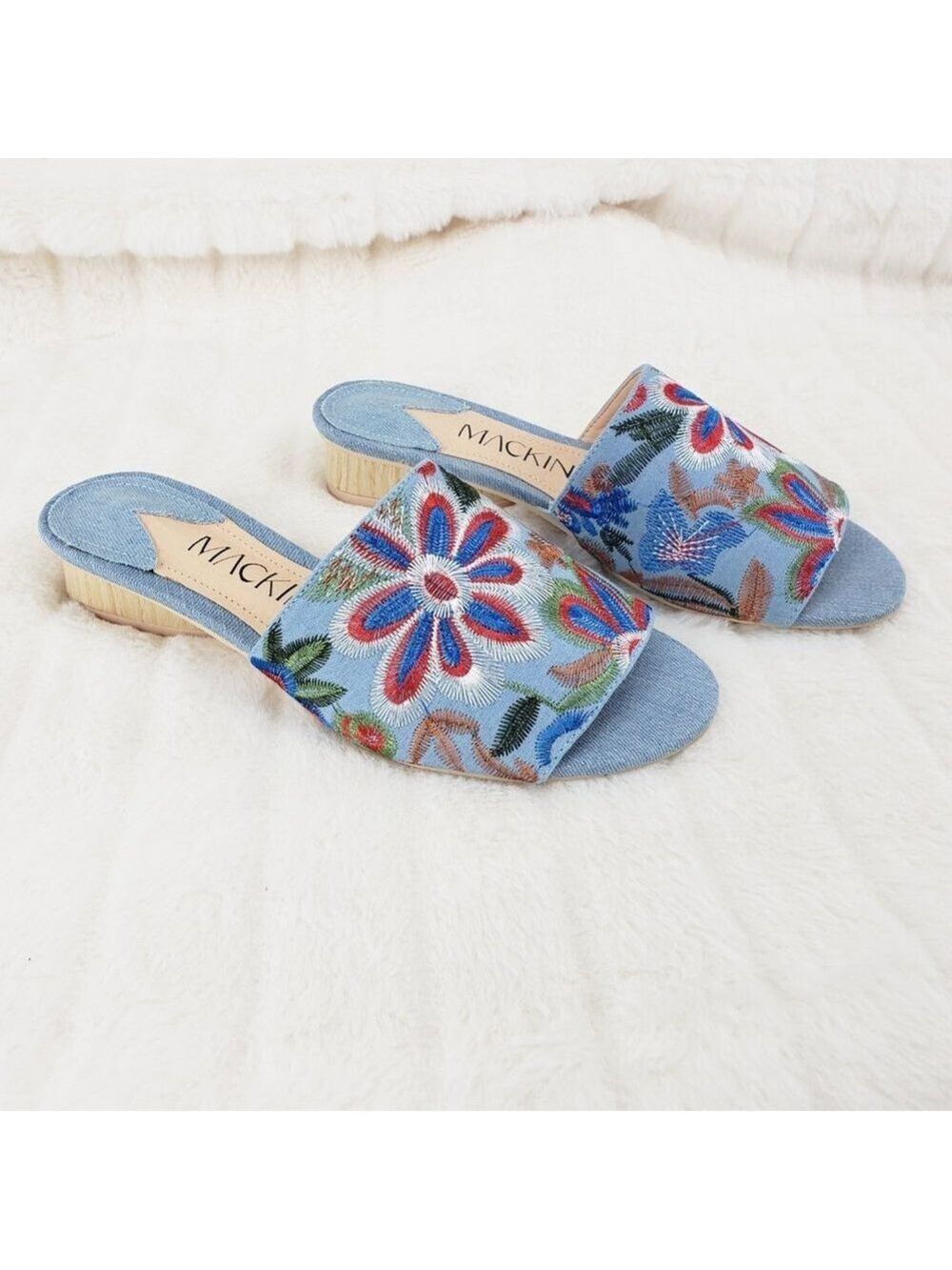Flower Power Embroidered Denim slip on mule clogs Wood Wrap Heels 70's - Picture 2 of 10